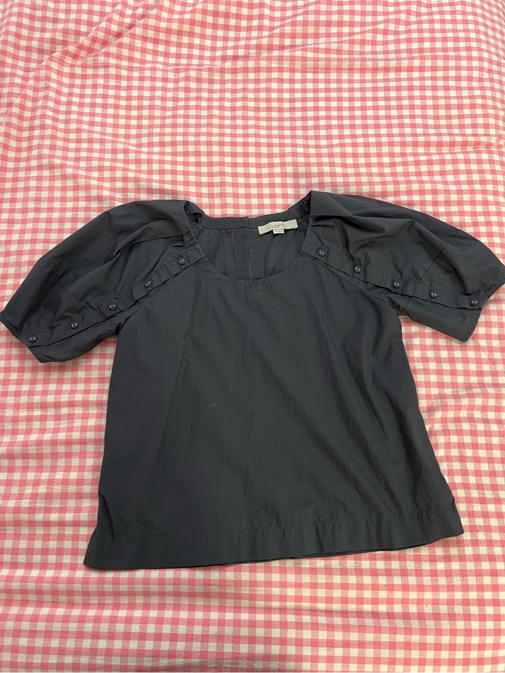 LOFT Gray Bubble Puff Sleeve Round Neck Blouse (Size: XS)